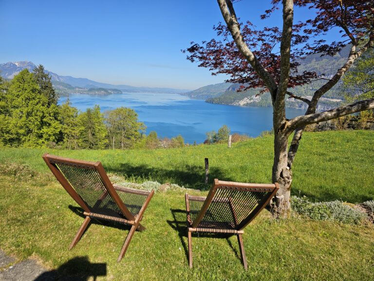 2 Holzstühle mit Sicht auf den Thunersee - by Sybille Maurer
